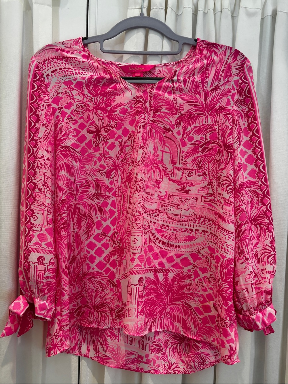 Lilly Pulitzer Hot Pink Tropical Print Tie-Cuff Blouse